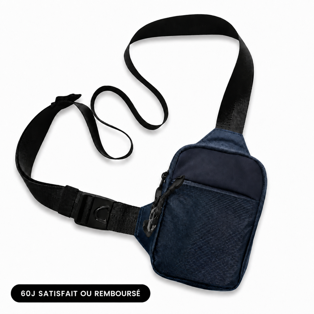 Sacoche crossbody VALUNE coloris Bleu Abysse présentée à plat sur fond blanc