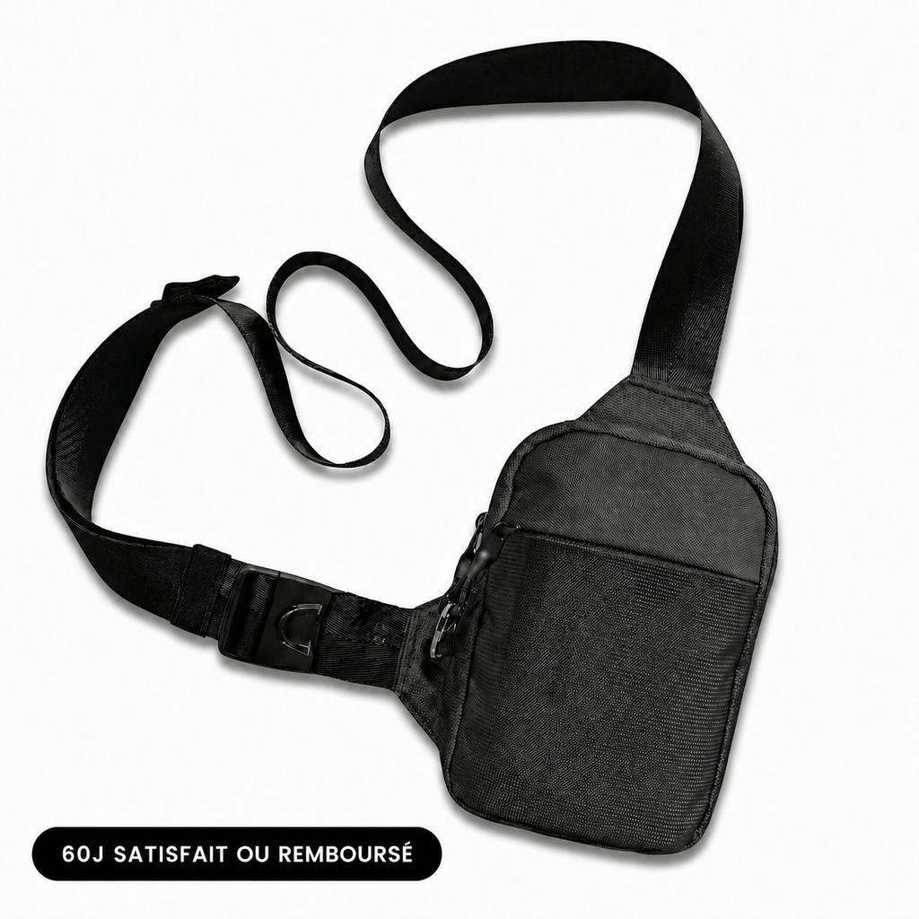 Sacoche crossbody antivol VALUNE noire vue à plat avec sa sangle ajustable déployée