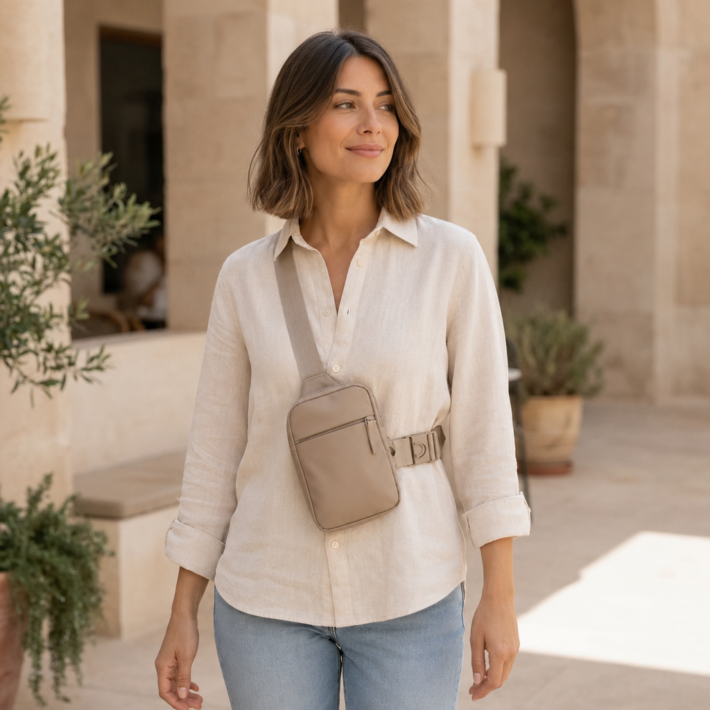 Femme en chemise claire portant la sacoche bandoulière VALUNE beige en extérieur