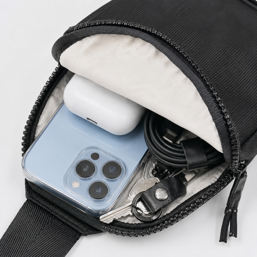 Sacoche VALUNE noire ouverte contenant un smartphone, des écouteurs, un câble et des clés