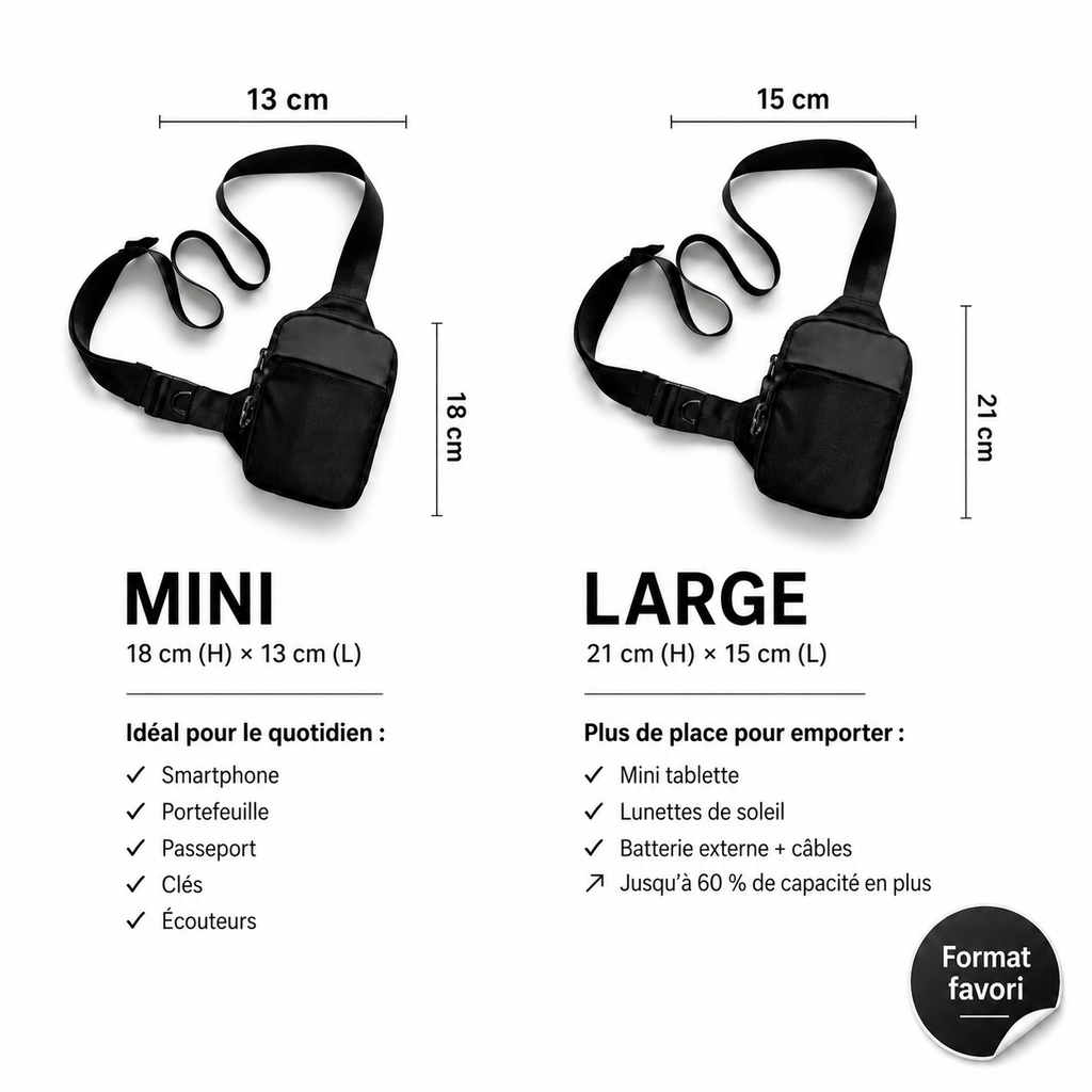 Comparatif des formats Mini et Large de la sacoche antivol VALUNE avec leurs dimensions