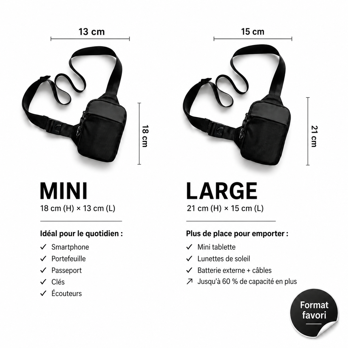 Comparatif des formats Mini et Large de la sacoche antivol VALUNE avec leurs dimensions