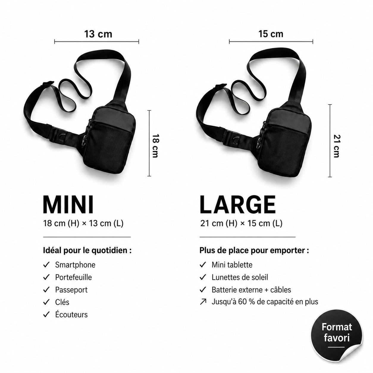 Comparatif des formats Mini et Large de la sacoche antivol VALUNE avec leurs dimensions