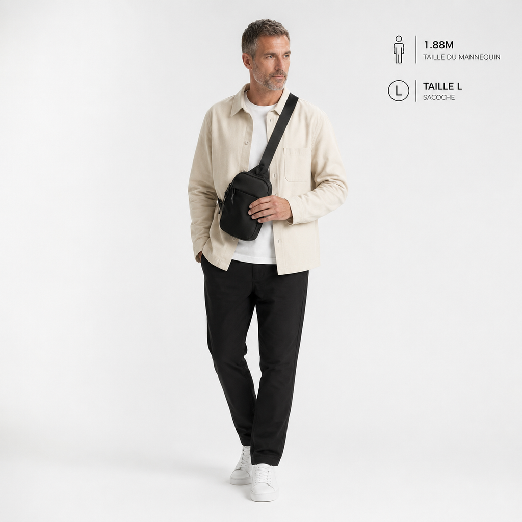 Homme portant la sacoche crossbody antivol VALUNE noire en bandoulière, vue en pied