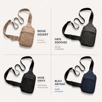 Les quatre coloris de la sacoche VALUNE : Beige Désert, Gris Ardoise, Noir Onyx et Bleu Abysse