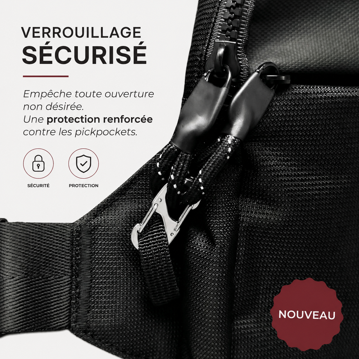 Verrouillage sécurisé à double curseur de la sacoche antivol VALUNE, protection anti-pickpocket