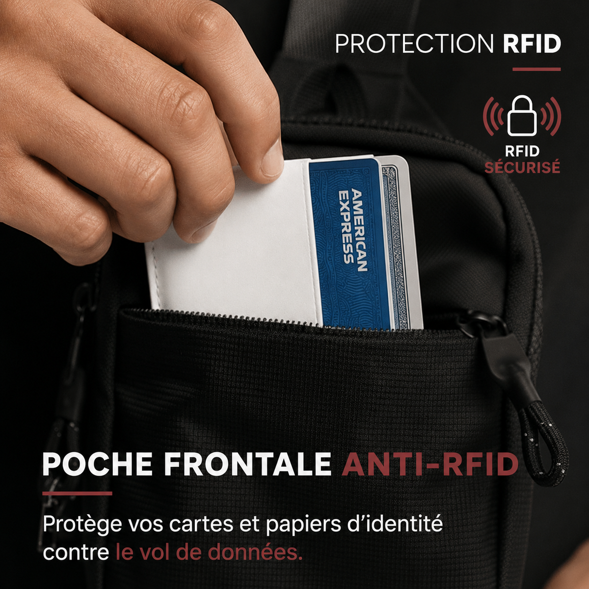 Carte bancaire glissée dans la poche frontale anti-RFID de la sacoche VALUNE noire