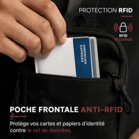 Carte bancaire glissée dans la poche frontale anti-RFID de la sacoche VALUNE noire