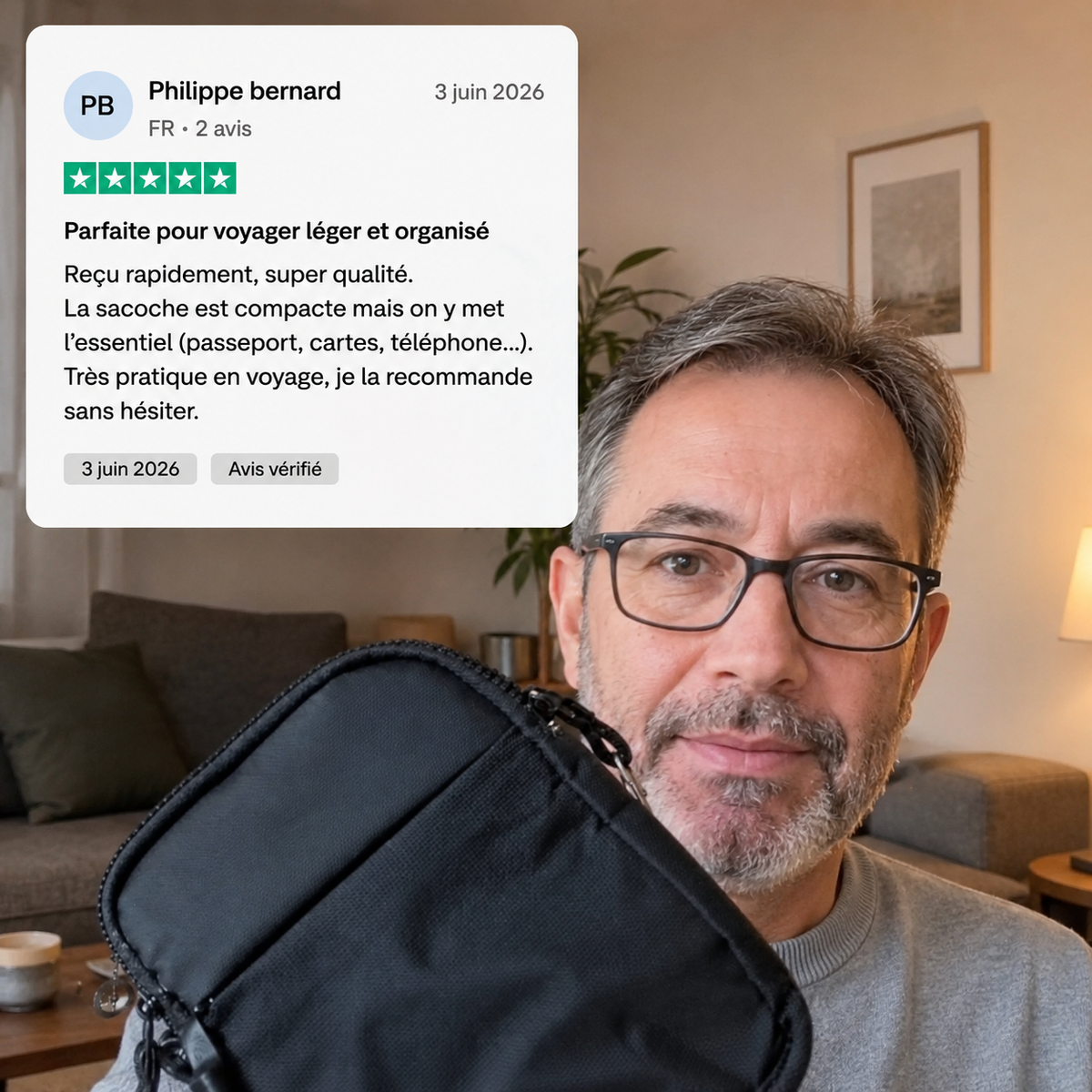 Avis client cinq étoiles et photo d'un homme avec la sacoche crossbody VALUNE noire
