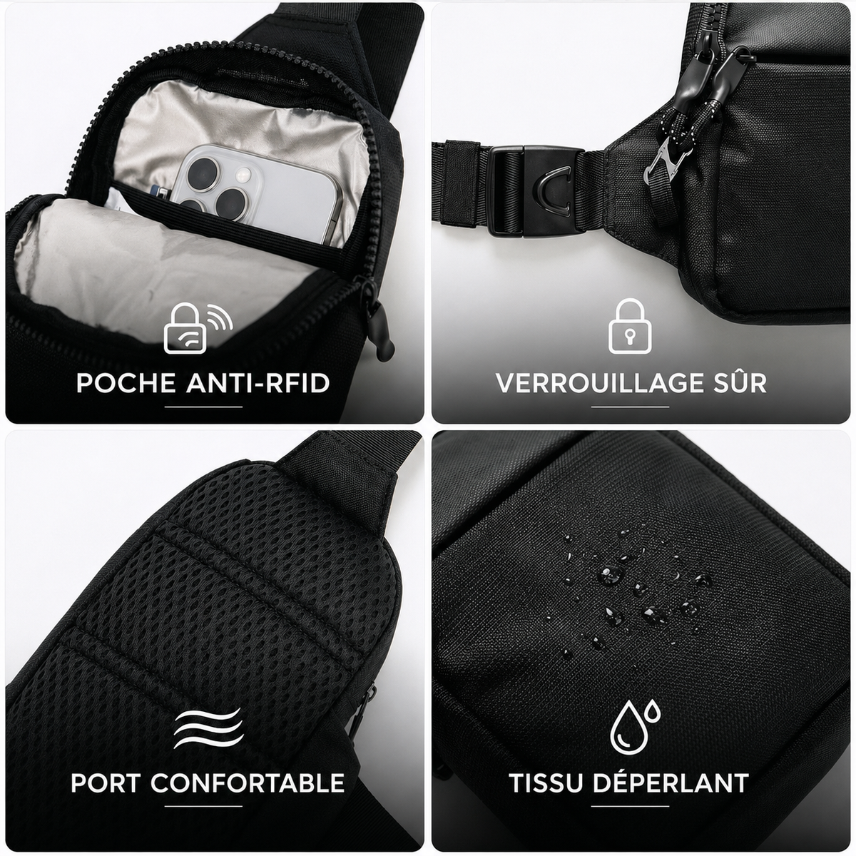 Détails de la sacoche VALUNE : poche anti-RFID, verrouillage sûr, dos respirant et tissu déperlant