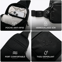 Détails de la sacoche VALUNE : poche anti-RFID, verrouillage sûr, dos respirant et tissu déperlant