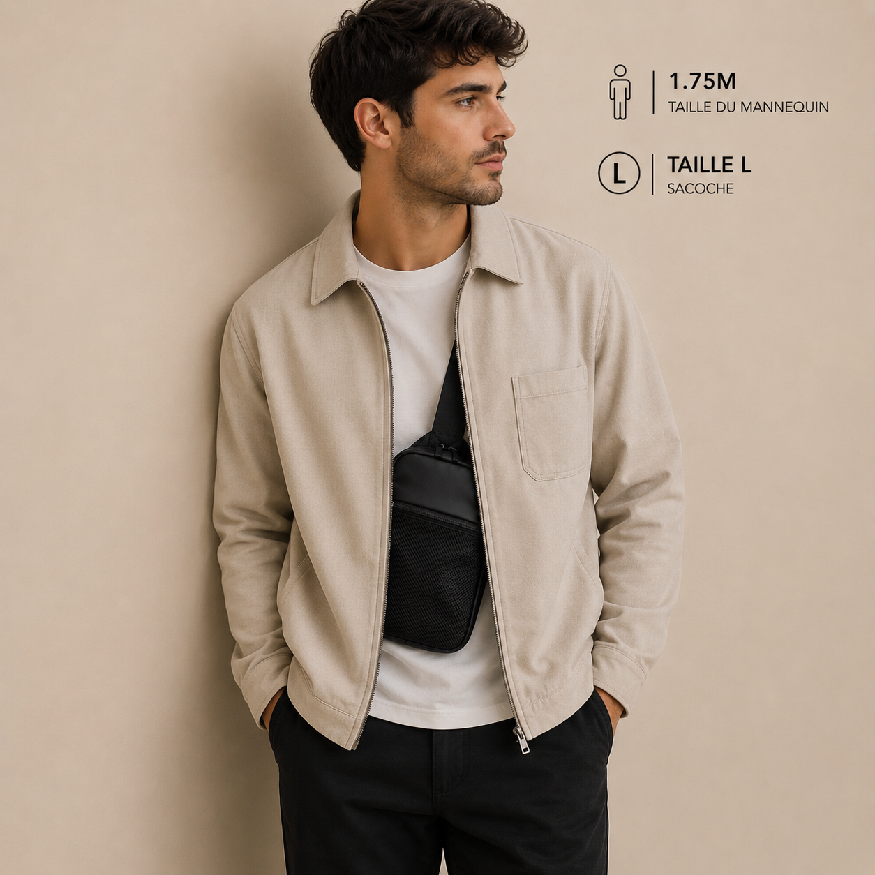 Homme en veste beige portant la sacoche crossbody antivol VALUNE noire en extérieur